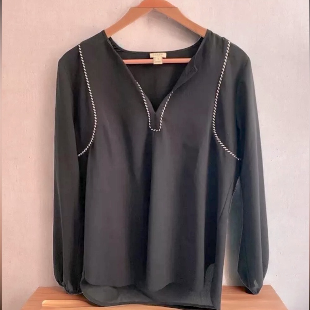 J. Crew black split neck tassel trim popover blouse